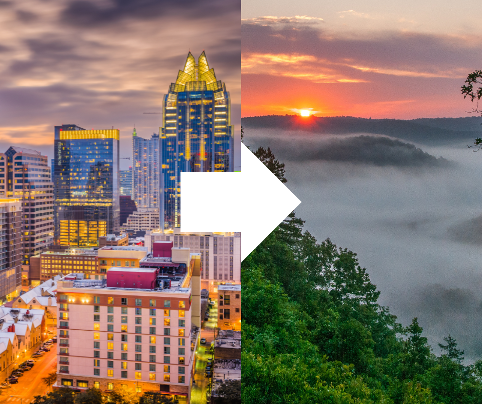 Urban skyline transitioning to serene nature