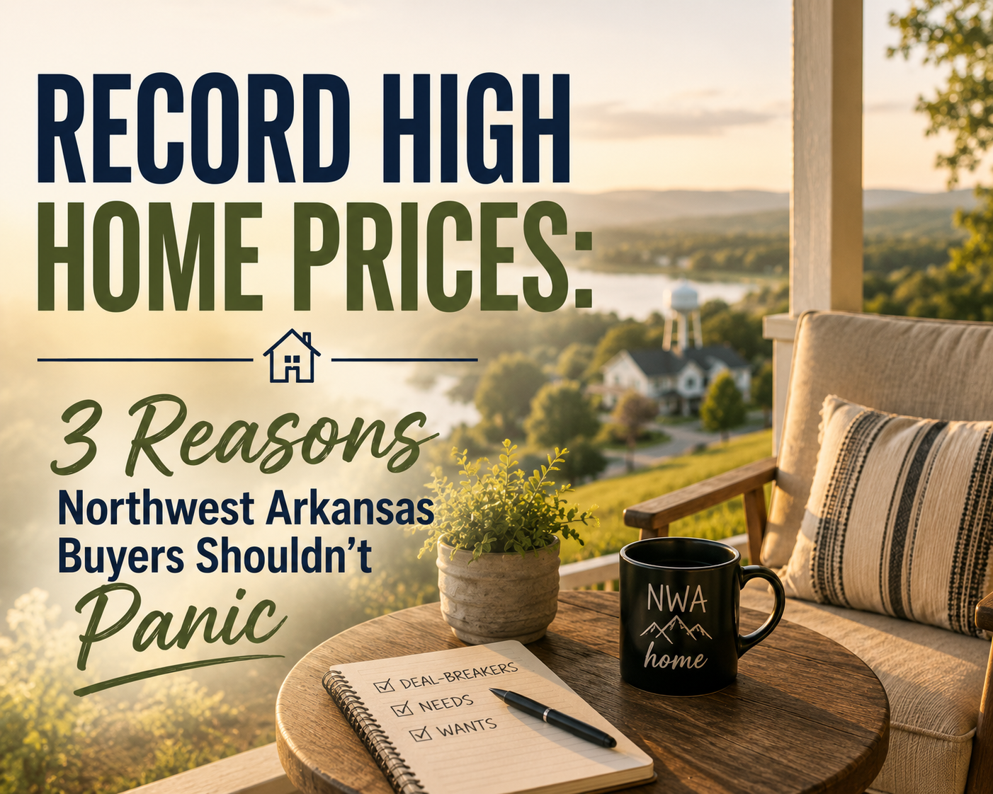 Record high home prices graph overlaid on a Northwest Arkansas neighborhood street at golden hour